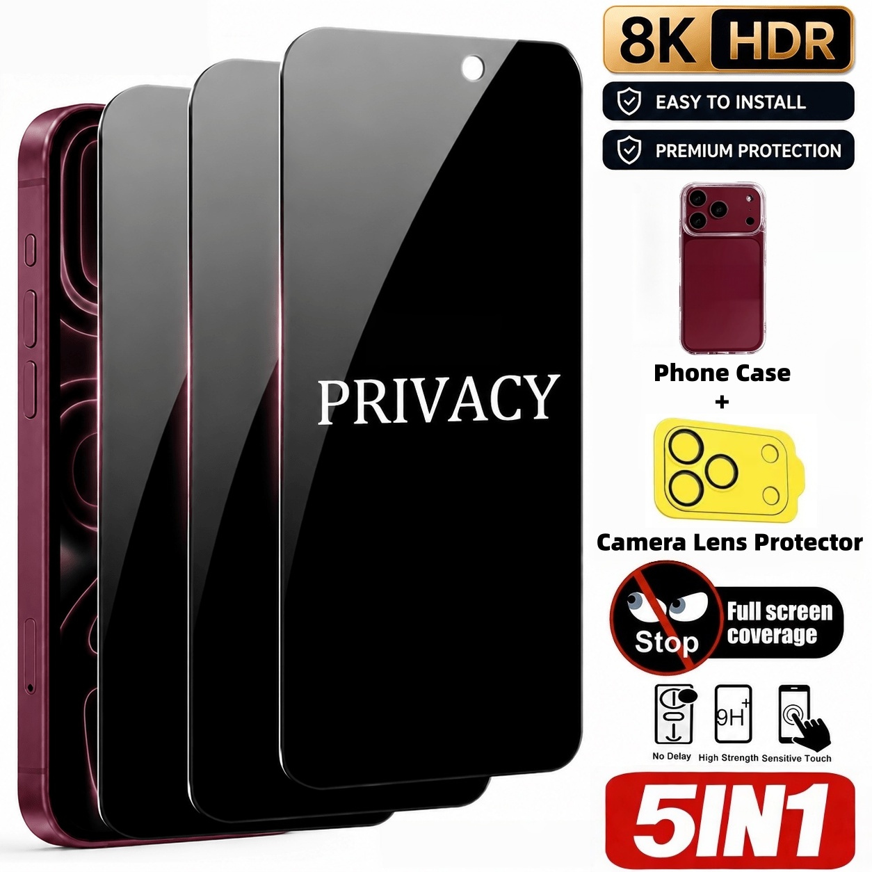 Anti Spy Privacy Glass Case - [ชุด 5 ชิ้น] ฟิล์มกระจกกันรอยหน้าจอแบบป้องกันความเป็นส่วนตัว 3 ชิ้น