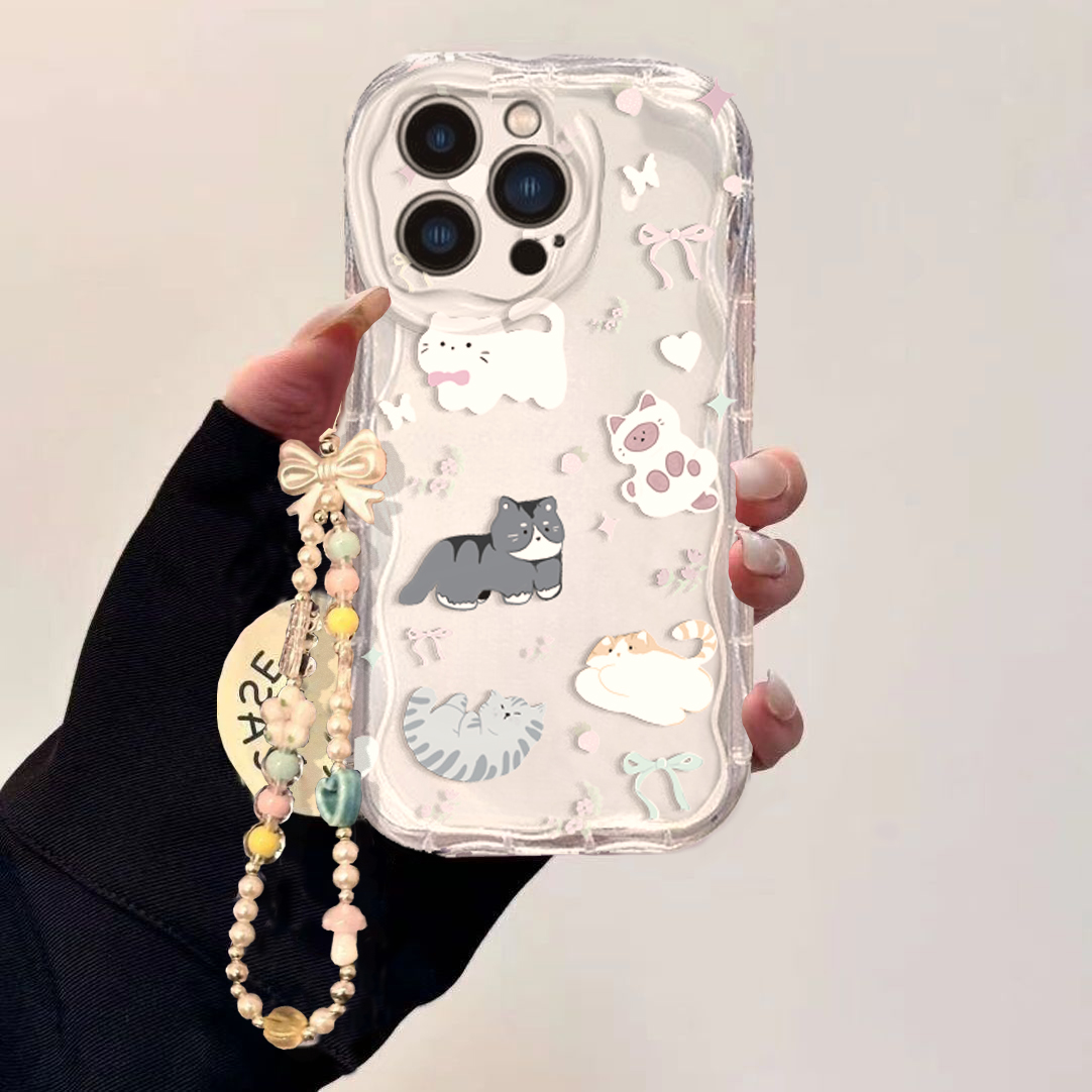 เคสโทรศัพท์ลายแมวน่ารักพร้อมสา - Cute Cartoon Wrist Strap Silicone Case บทวิจารณ์และราคา